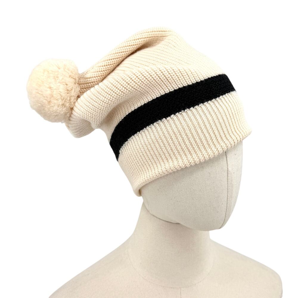 Authier Cream Black Knit Stripe Pom-Pom Winter Hat Beanie